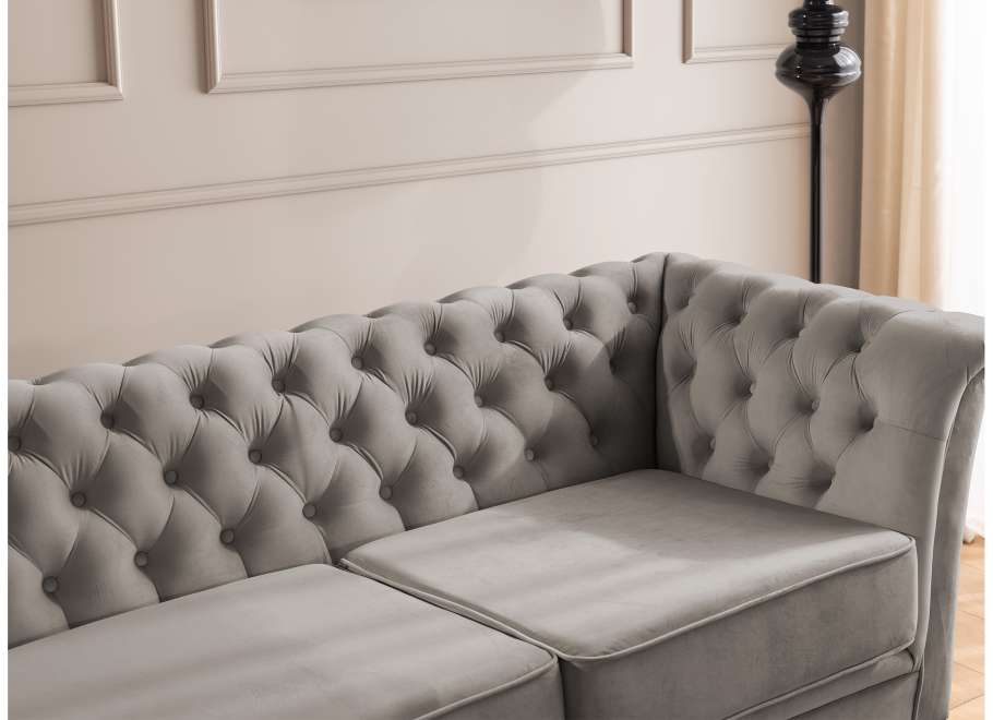 Chesterfield szara HASSO BIS – klasyczna sofa trzyosobowa na metalowych nogach 6