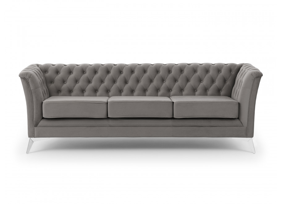 Chesterfield szara HASSO BIS – klasyczna sofa trzyosobowa na metalowych nogach