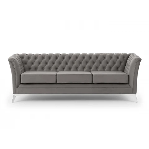 Chesterfield szara HASSO BIS – klasyczna sofa trzyosobowa na metalowych nogach