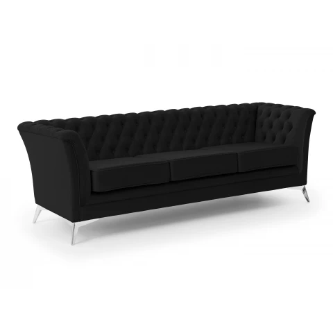 Sofa pikowana czarna – Chesterfield trzyosobowa HASSO BIS z wysokimi nogami