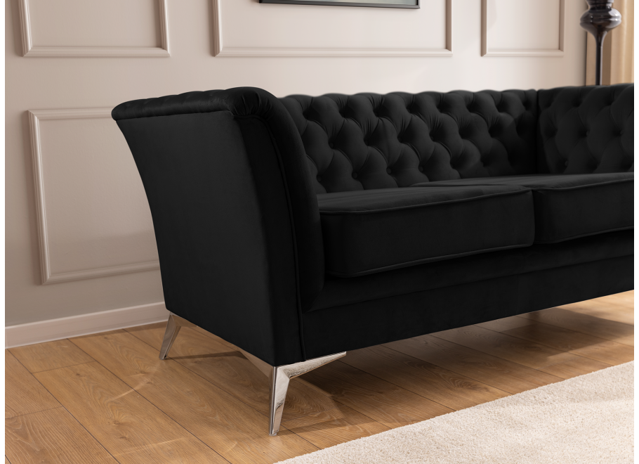 Sofa pikowana czarna – Chesterfield trzyosobowa HASSO BIS z wysokimi nogami 3
