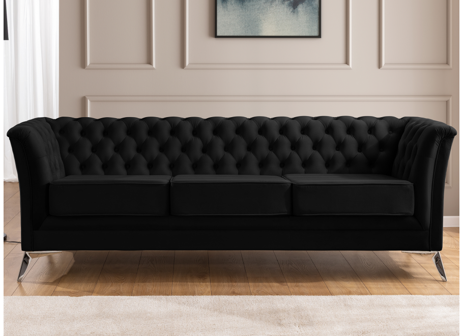 Sofa pikowana czarna – Chesterfield trzyosobowa HASSO BIS z wysokimi nogami 5