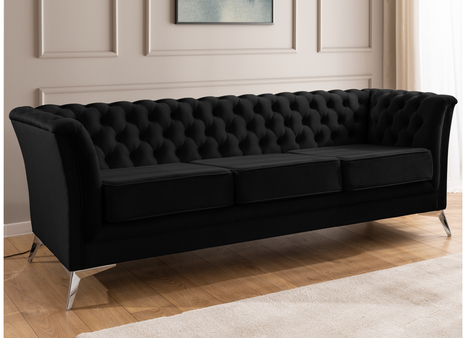 Sofa pikowana czarna – Chesterfield trzyosobowa HASSO BIS z wysokimi nogami 6