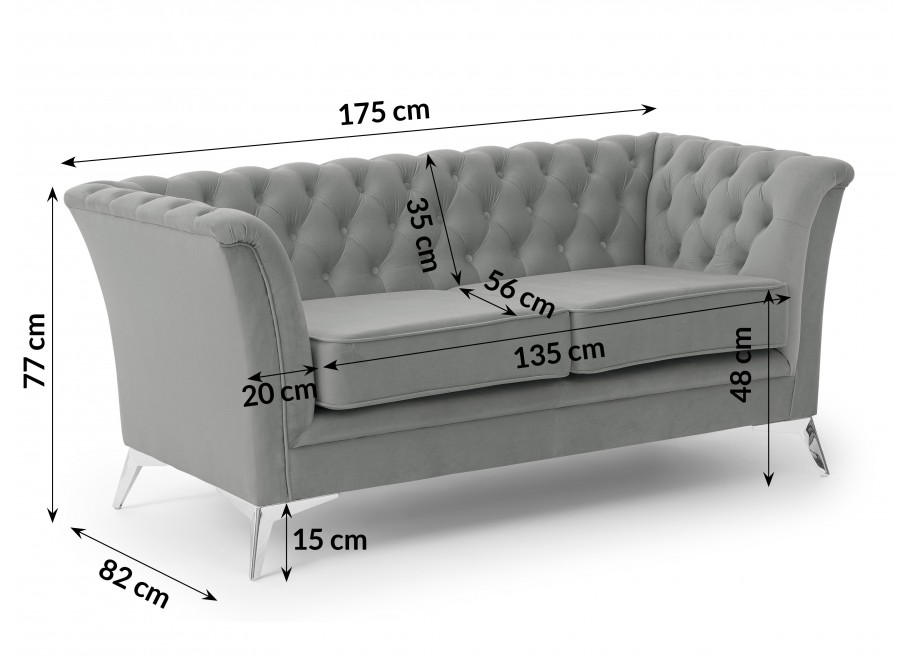 Pikowana sofa Chesterfield HASSO BIS – szary kolor, stylowa, na wysokich nogach - Riviera 91