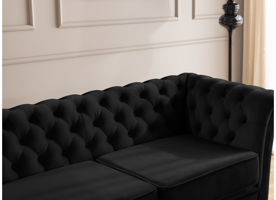 Czarna sofa Chesterfield HASSO BIS – pikowana, na wysokich metalowych nogach 7