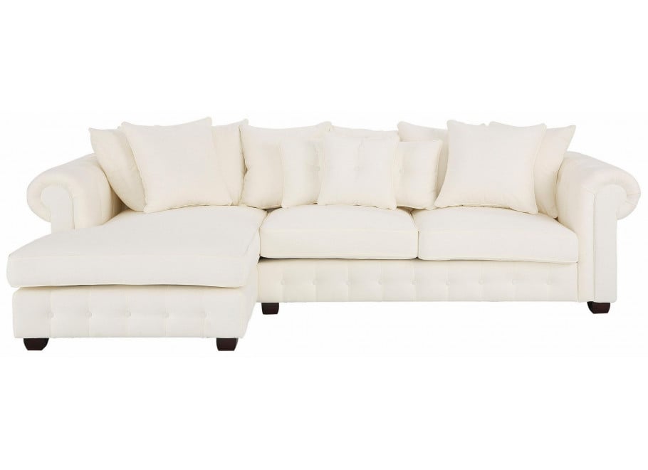 Kremowy narożnik glamour LUZERN – z poduszkami, idealny do salonu