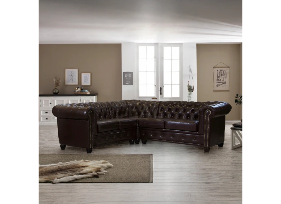 Narożnik pięciosobowy z funkcją spania pikowany glamour Chesterfield FELIX 2+E+2