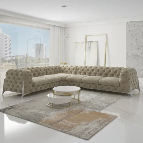 Narożnik sześcioosobowy pikowany glamour Chesterfield...