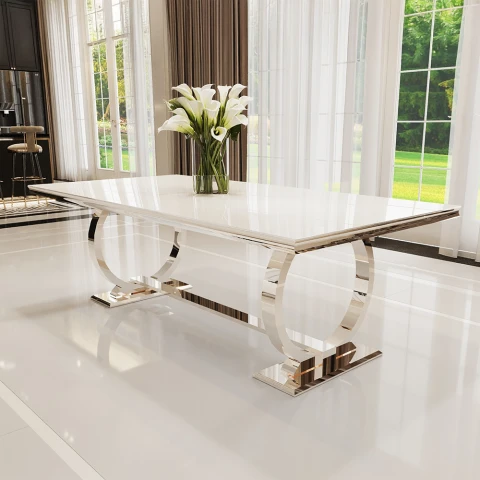 Stół hugo glamour srebrny z białą szybą 160x90