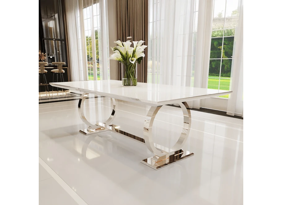 Stół hugo glamour srebrny z białym blatem 200x100 + wkładka 100 cm