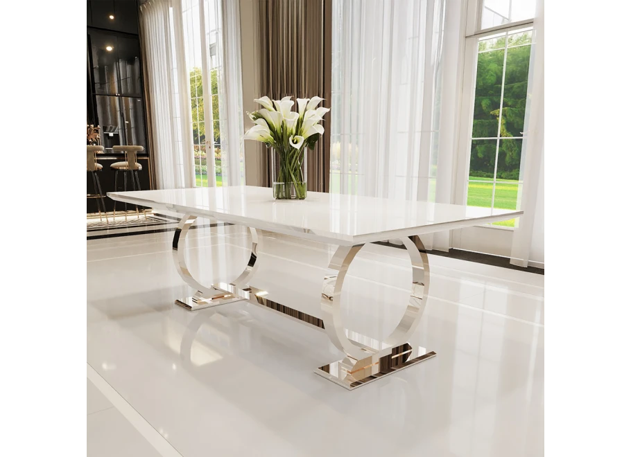 Stół hugo glamour srebrny z białym blatem 180x90 + wkładka 50 cm
