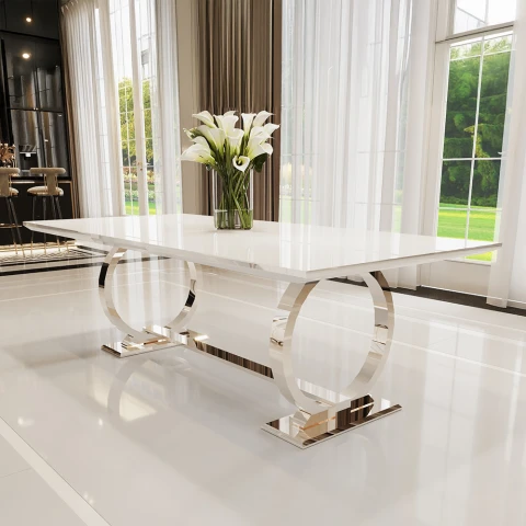 Stół hugo glamour srebrny z białym blatem 180x90 + wkładka 50 cm