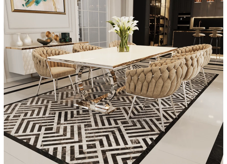 Stół hugo glamour srebrny z białą szybą 160x90