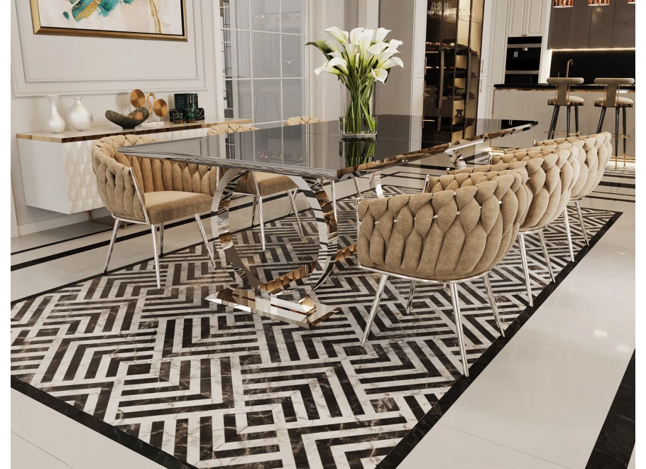 Stół hugo glamour srebrny z czarnym blatem 200x100 + wkładka 50 cm