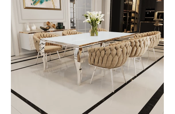 Stół elegance glamour srebrny z białym szkłem 160x90 - design i funkcjonalnosc w parze