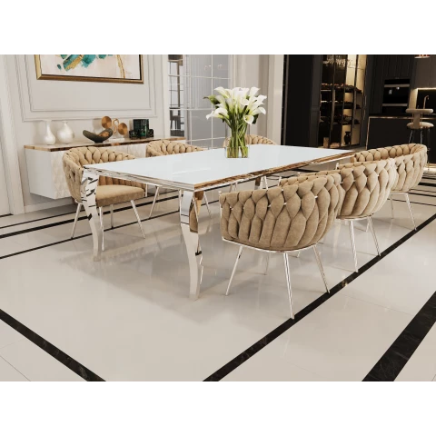 Stół elegance glamour srebrny z białym szkłem 160x90