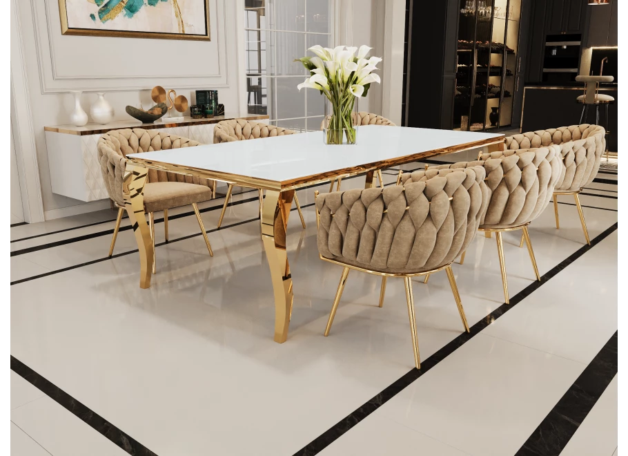 Stół elegance glamour złoty z białym szkłem 160x90