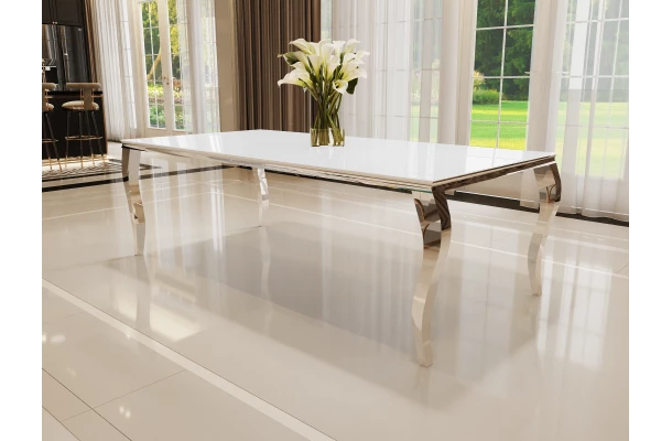 Stół elegance glamour srebrny z białym szkłem 160x90 - design i funkcjonalnosc w parze