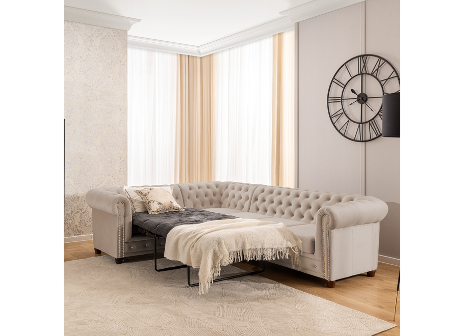 Narożnik sześcioosobowy pikowany Chesterfield FELIX BLINK 2+E+3 z funkcją spania 2