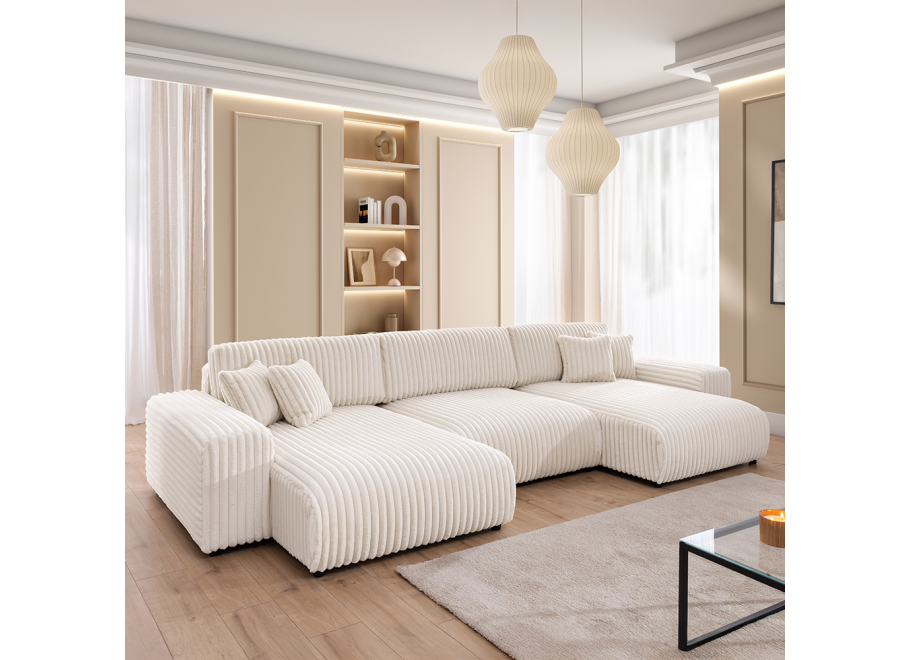 Narożnik Nubo jasny beż – narożnik U z funkcją spania w futerkowej tkaninie sztruksowej 2