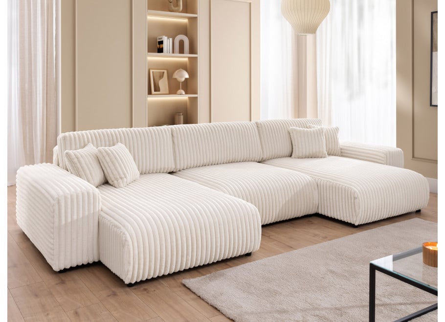 Narożnik Nubo jasny beż – narożnik U z funkcją spania w futerkowej tkaninie sztruksowej 7