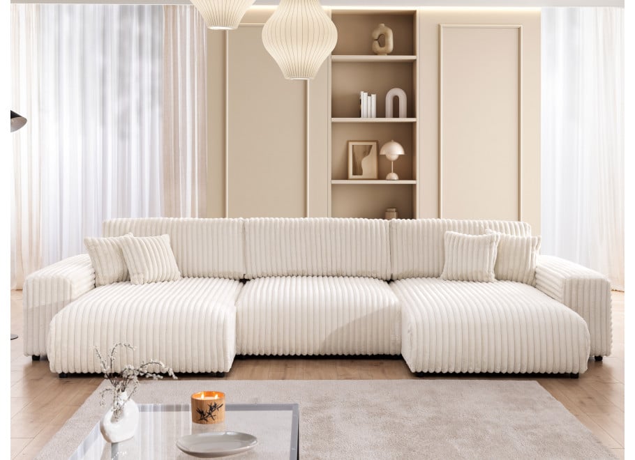 Narożnik Nubo jasny beż – narożnik U z funkcją spania w futerkowej tkaninie sztruksowej 8