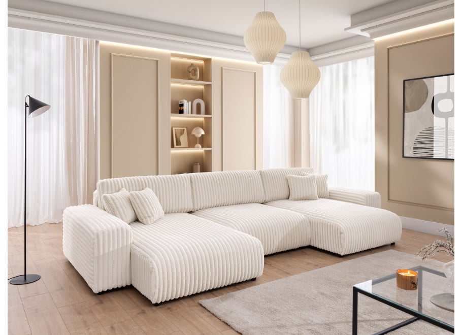 Narożnik Nubo jasny beż – narożnik U z funkcją spania w futerkowej tkaninie sztruksowej 9