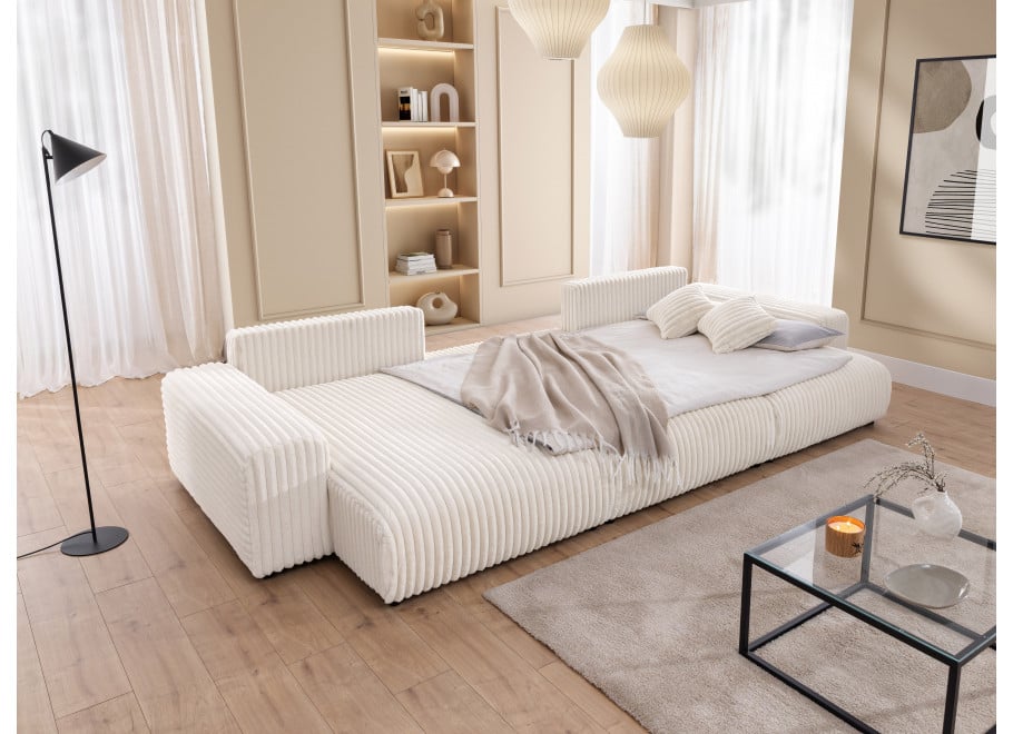 Narożnik Nubo jasny beż – narożnik U z funkcją spania w futerkowej tkaninie sztruksowej 10