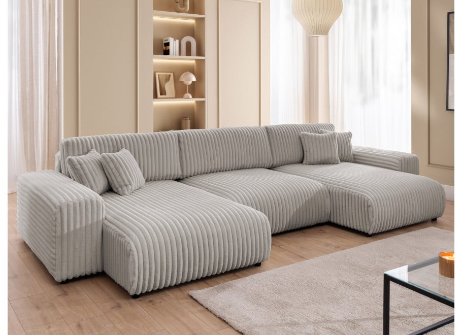 Szary narożnik Nubo – narożnik U z funkcją spania w tkaninie sztruksowej futerkowej 7