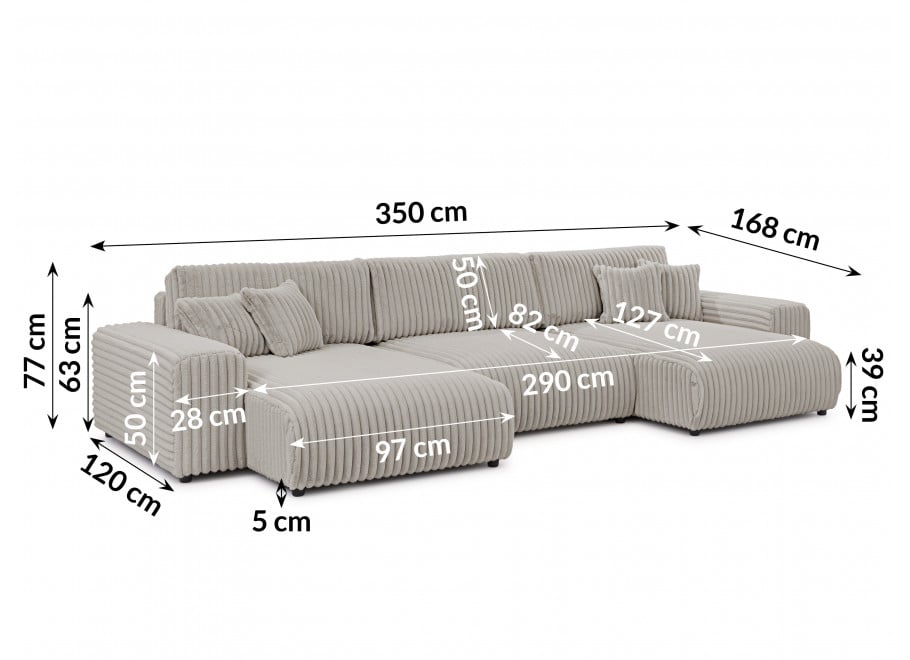 Szary narożnik Nubo – narożnik U z funkcją spania w tkaninie sztruksowej futerkowej 4
