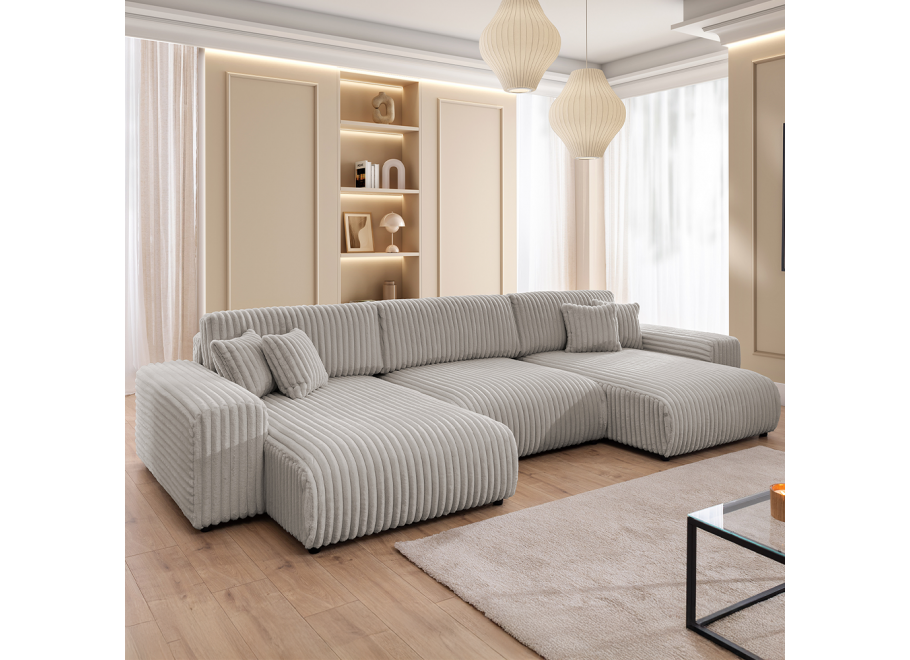 Szary narożnik Nubo – narożnik U z funkcją spania w tkaninie sztruksowej futerkowej