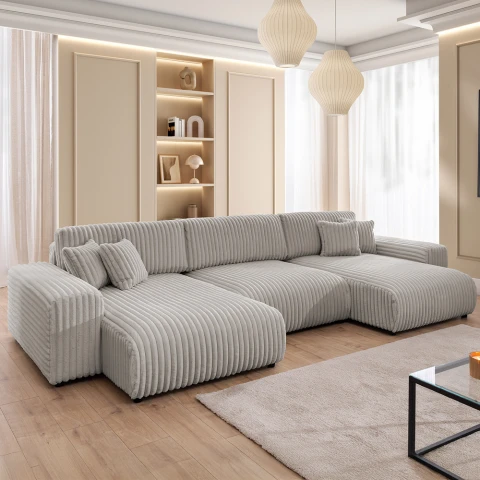 Szary narożnik Nubo – narożnik U z funkcją spania w tkaninie sztruksowej futerkowej