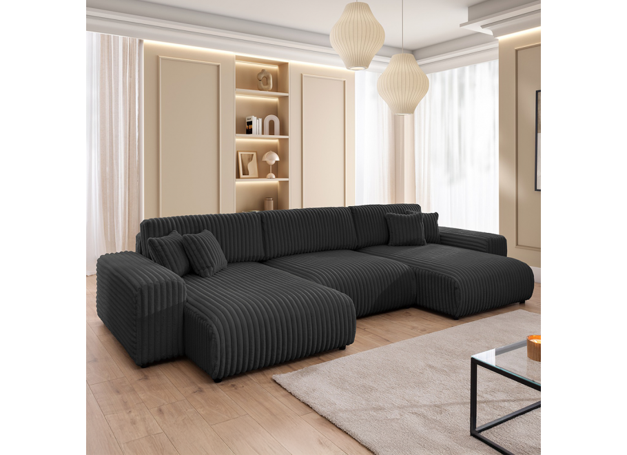 Narożnik Nubo grafit – nowoczesny narożnik U z funkcją spania w futerkowej tkaninie 2
