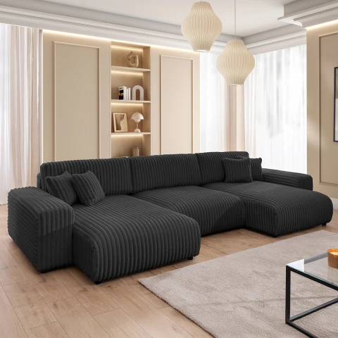 Narożnik Nubo grafit – nowoczesny narożnik U z funkcją spania w futerkowej tkaninie