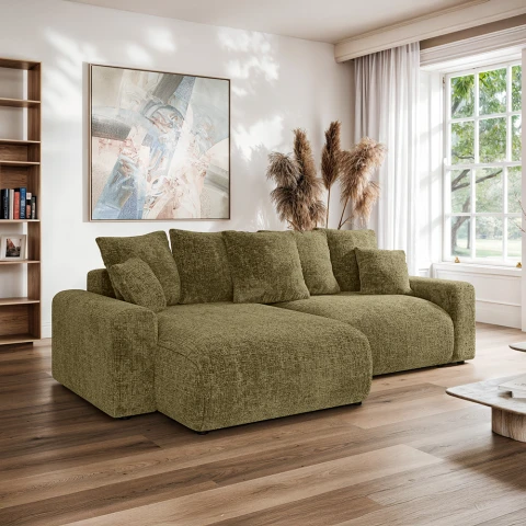 Narożnik Cleo small w kolorze ciemnej oliwki – czteroosobowy narożnik z funkcją spania