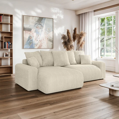 Kremowy sztruksowy narożnik Cleo small – czteroosobowy z funkcją spania
