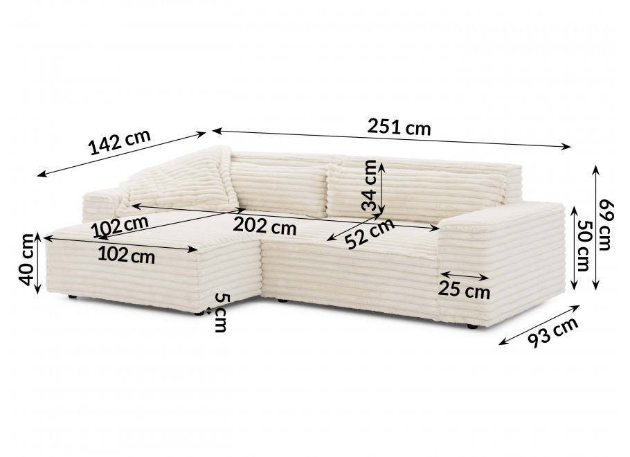 Ravello narożnik jasny beż – uniwersalny narożnik z poduszkami w sztruksowej tkaninie - Vito 23