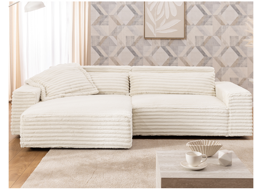 Ravello narożnik jasny beż – uniwersalny narożnik z poduszkami w sztruksowej tkaninie - Vito 23