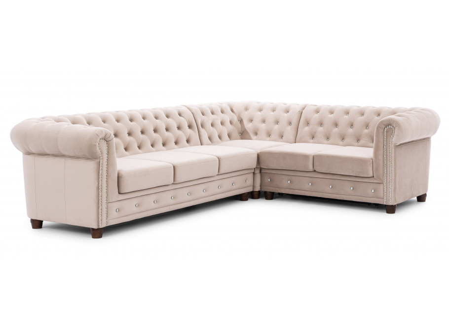 Narożnik Chesterfield FELIX BLINK w beżowym welurze 3+E+2 z funkcją spania pikowany kryształkami 5