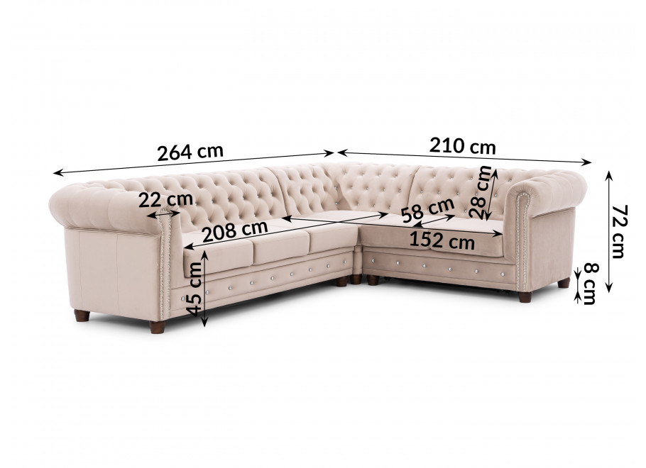 Narożnik Chesterfield FELIX BLINK w beżowym welurze 3+E+2 z funkcją spania pikowany kryształkami 4