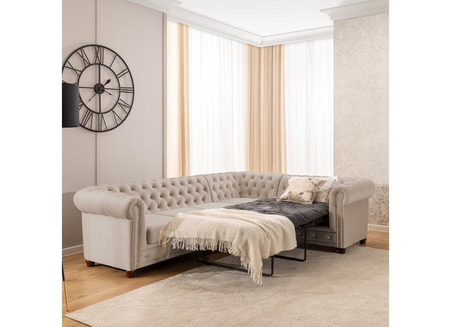 Narożnik Chesterfield FELIX BLINK w beżowym welurze 3+E+2 z funkcją spania pikowany kryształkami