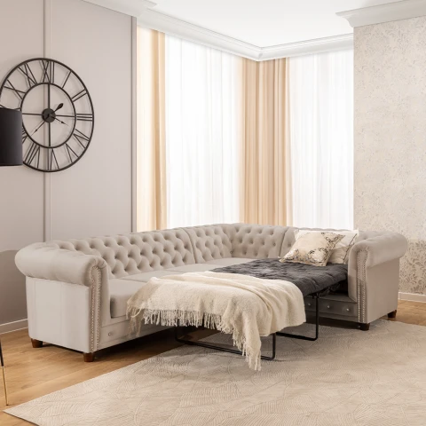 Narożnik Chesterfield FELIX BLINK w beżowym welurze 3+E+2 z funkcją spania pikowany kryształkami