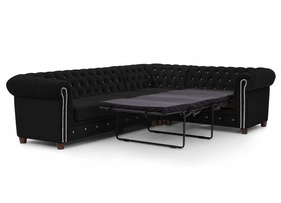 Czarny narożnik Chesterfield FELIX BLINK 3+E+2 pikowany z kryształkami i funkcją spania 2