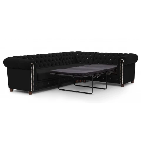 Czarny narożnik Chesterfield FELIX BLINK 3+E+2 pikowany z kryształkami i funkcją spania