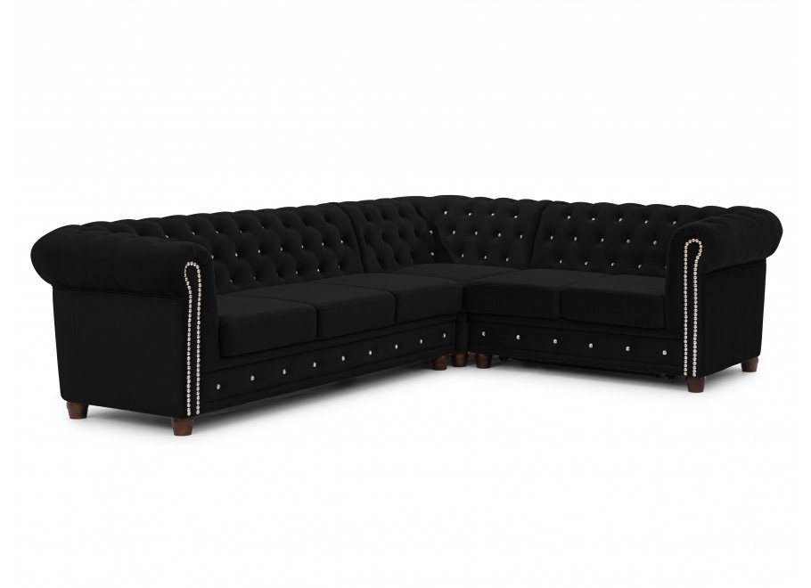 Czarny narożnik Chesterfield FELIX BLINK 3+E+2 pikowany z kryształkami i funkcją spania 9