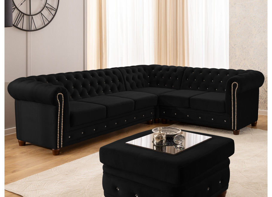 Czarny narożnik Chesterfield FELIX BLINK 3+E+2 pikowany z kryształkami i funkcją spania 10