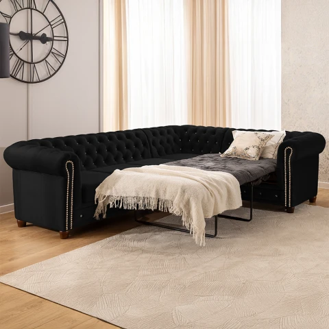 Czarny narożnik Chesterfield FELIX BLINK 3+E+2 pikowany z kryształkami i funkcją spania