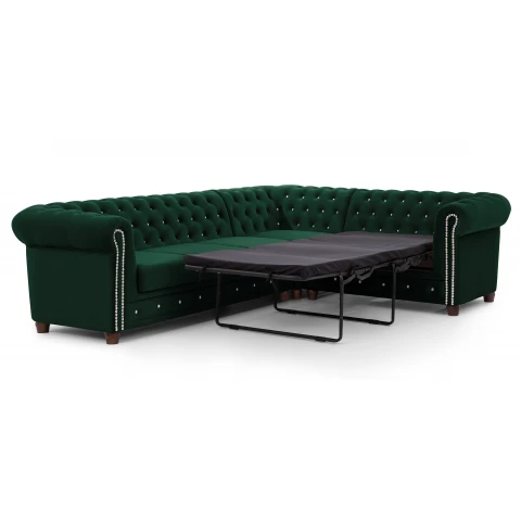 Pikowany narożnik Chesterfield FELIX BLINK w butelkowej zieleni 3+E+2 z funkcją spania
