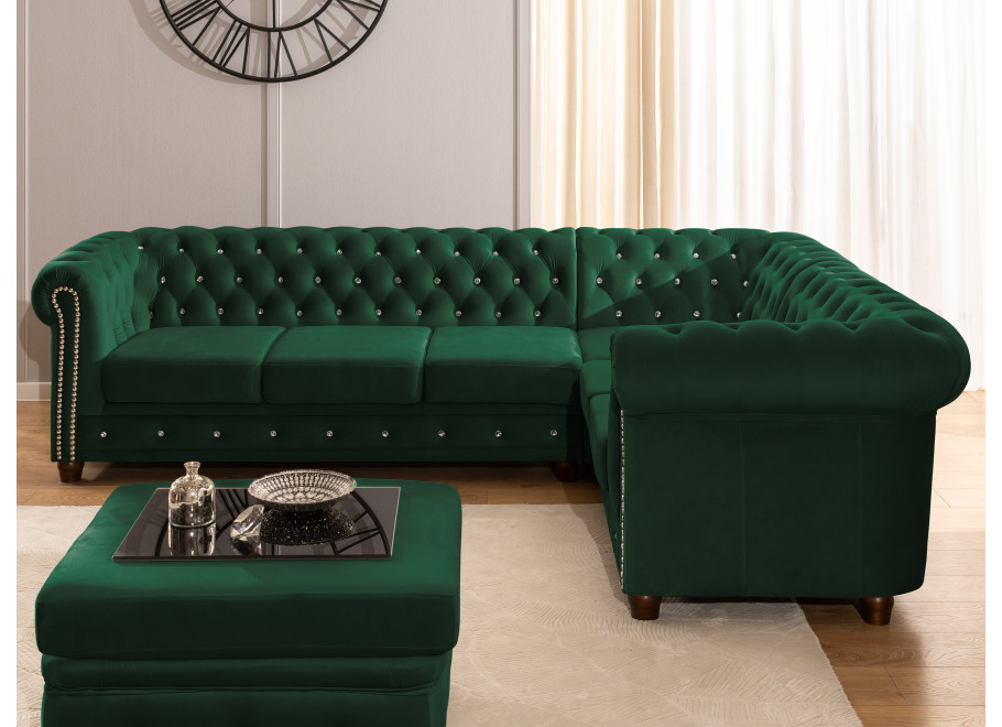 Pikowany narożnik Chesterfield FELIX BLINK w butelkowej zieleni 3+E+2 z funkcją spania 11