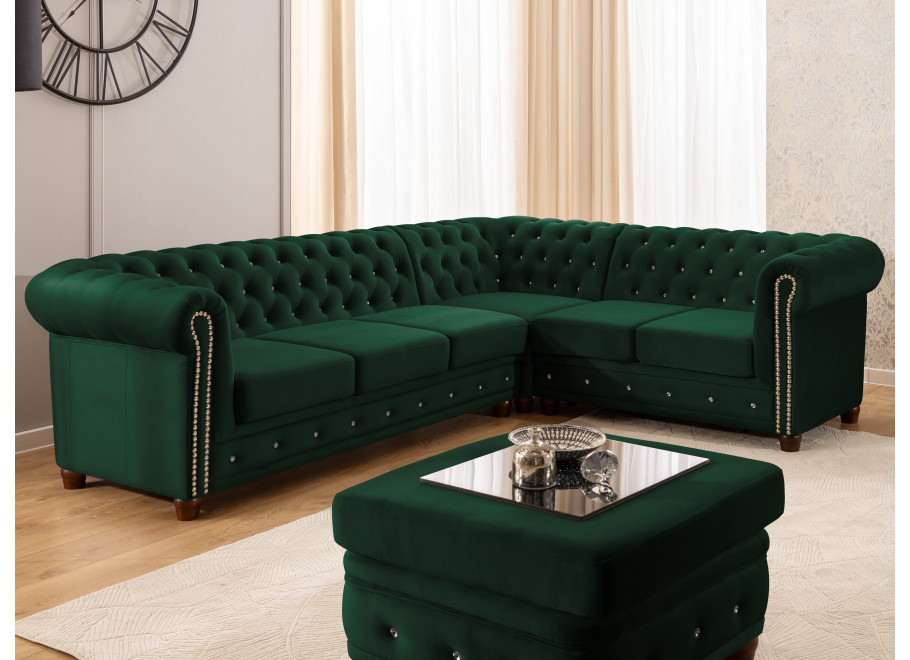 Pikowany narożnik Chesterfield FELIX BLINK w butelkowej zieleni 3+E+2 z funkcją spania 3